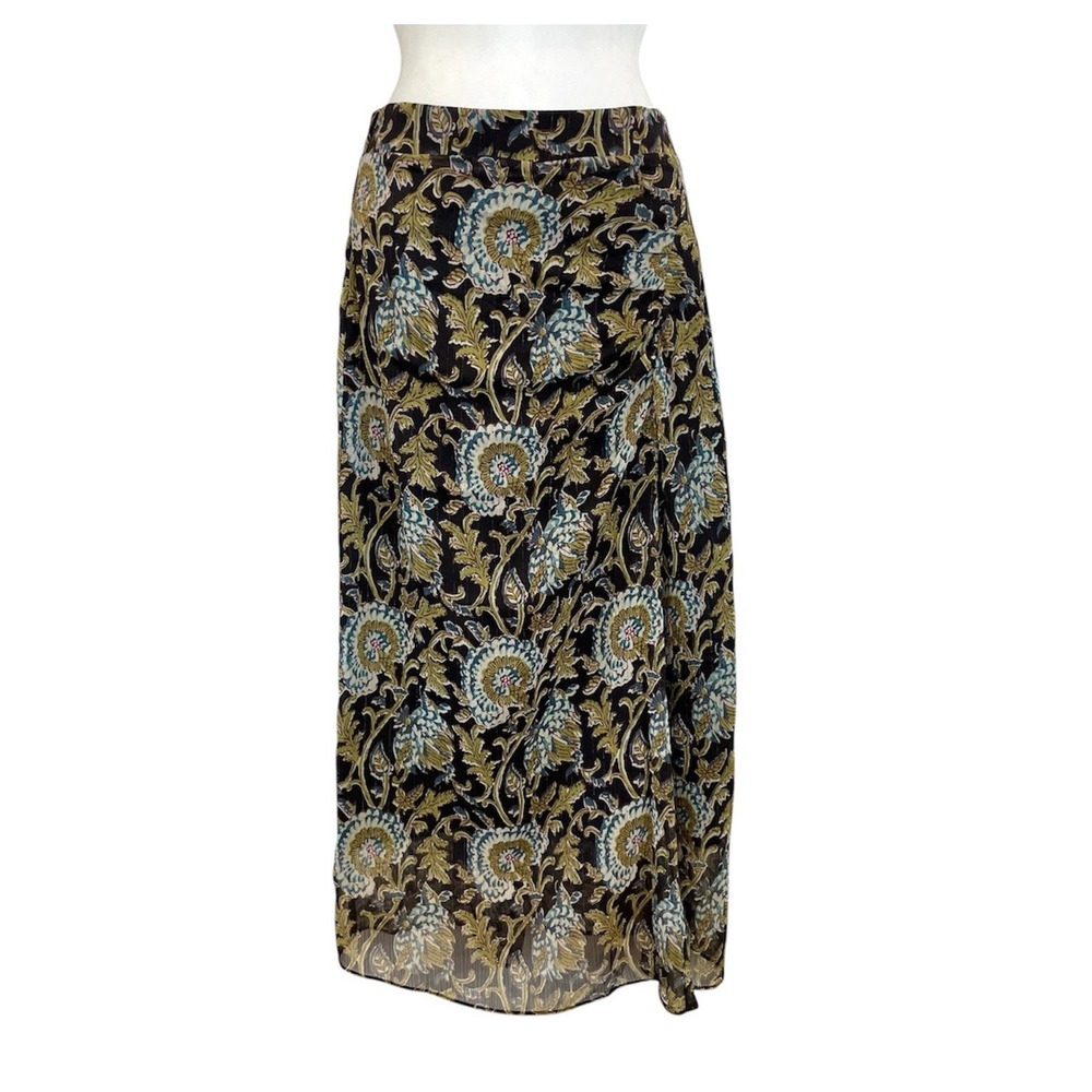 Naf Naf Floral Metallic Midi Skirt Sheer Lined Flowy Navy Womens M 38